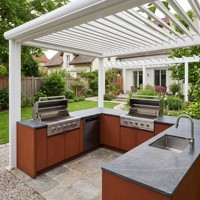 Meubles de cuisine extérieurs en acier inoxydable en forme de U, couleur terre cuite, personnalisés Hyrley, comprenant un barbecue à gaz, un évier, un four et un réfrigérateur pour le bord de la piscine
