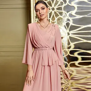 Vestido nuevo de tela de gasa de manga larga rosa para vestidos de mujer para fiesta boda musulmanes vestido de noche formal