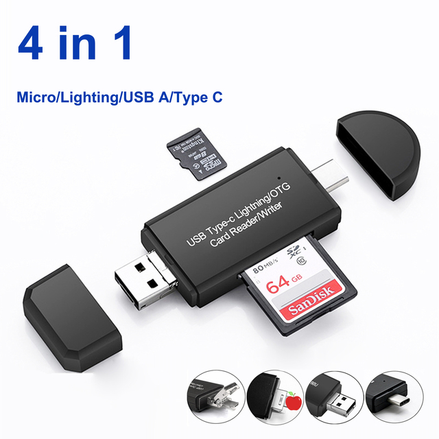 USB 3.0 2.0 Micro Lighting Type C Multi-port 4 In1 Universal SD TF Card Reader OTG Adapter for Android Mobile iphone iPad Laptop