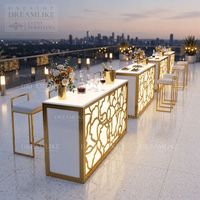 Comptoir de bar long en acier inoxydable blanc doré de luxe de haute qualité avec éclairage LED pour location événementielle (mariages, fêtes) et mobilier hôtelier