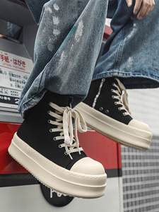Black and white men's casual high-top thick-soled breathable mesh <b>sneakers</b> suitable for all seasons - Product Image 6