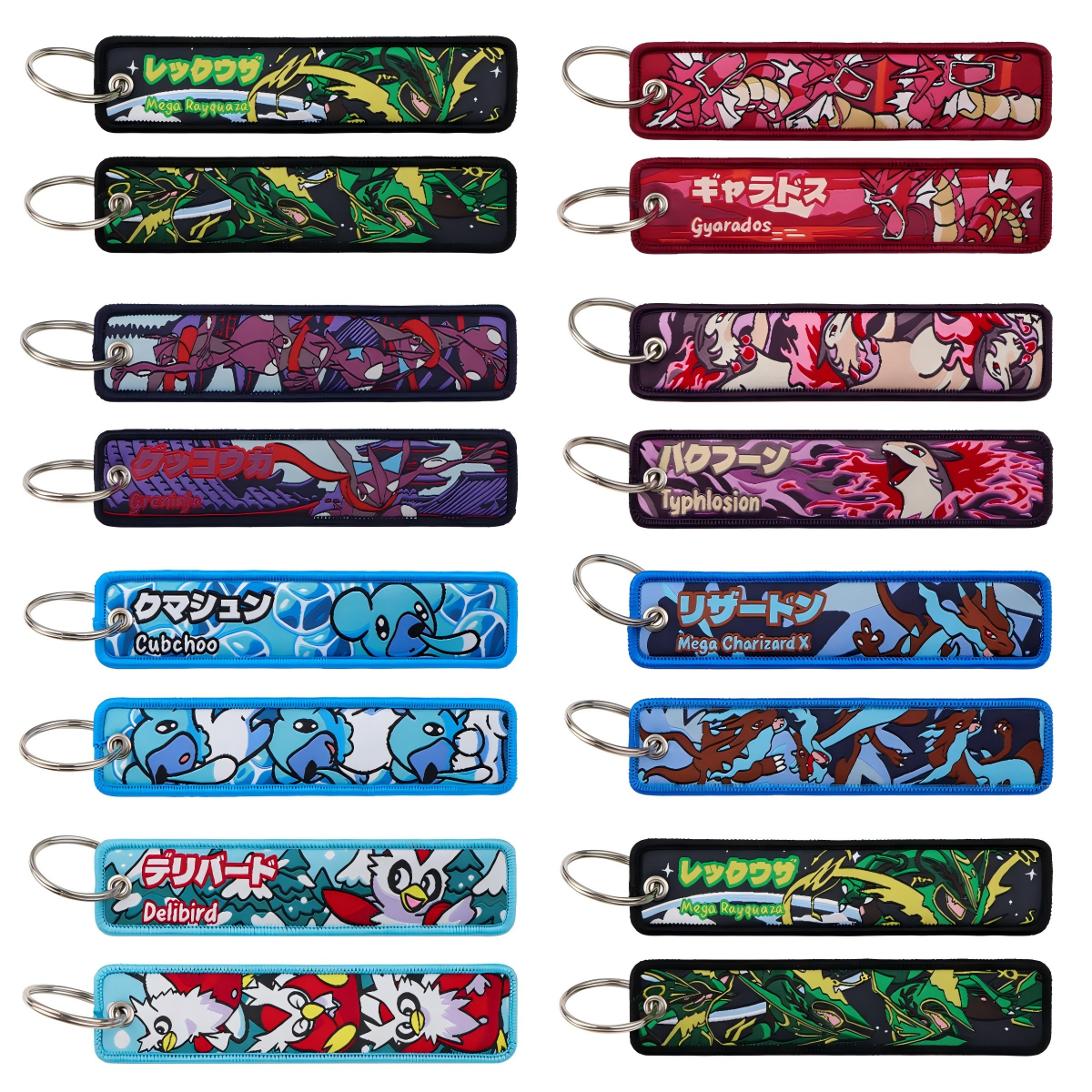 New 7 Styles Video Game POKE Monster Custom Double Sided Anime Logo Fabric Embroidery Woven Keychains Cartoon Car Key Jet Tags