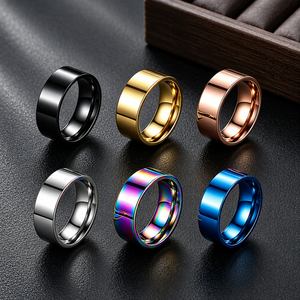 Anello Piatto in Acciaio Inossidabile Altamente Riflettente con Bordo Smussato Angolato, Oro, Oro Rosa, Nero, Argento, Blu, Arcobaleno, Minimalista, Unisex - Product Image 1