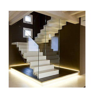 Escalera Flotante de Lujo Europea, Escalones de Vidrio y Madera con Luz LED, Escalera Suspendida para Renovación de Interiores - Product Image 1
