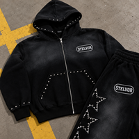 Ensemble de survêtement streetwear vintage pour homme, coupe ample, avec strass, effet délavé, comprenant un sweat à capuche et un pantalon de survêtement en molleton bouclette
