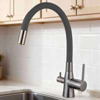 Keran Dapur Hotel Modern Hitam dengan Pegangan Tunggal, Filter Air, dan Pemurni, Finishing Brushed, Dipasang di Dek