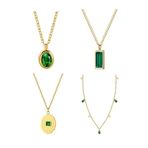 Minimalist Green Cubic Zirconia Necklace Stainless Steel Titanium Emerald Pendants Chain Gold Plating Jewelry Wholesale