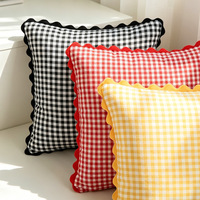 Housse de coussin à broderie unique, bordure festonnée en ric-rac, motif écossais, style européen, en gingham teint en fil, pour la décoration de canapé et de la maison
