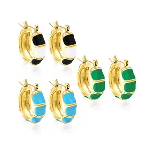 Fashion Fine Jewelry Earrings 2024 Women Custom 18K Gold Plated Colorful Enamel Earrings Stainless Steel Bamboo Hoop Earrings