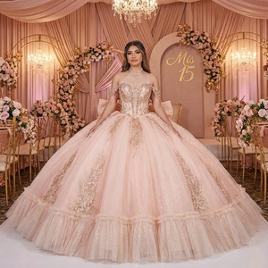 Dy8579 Peach Champagne Gold Appliques Embroidery Natural Quinceanera Ball Gown Corset Sweetheart Crystal Choker <b>Chiffon</b> <b>Skirt</b> - Product Image 1