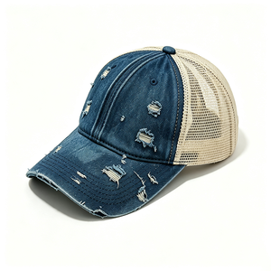 Casquette Trucker en Jean Délavé Effet Vieilli avec Trous Déchirés, Dos en Maille Respirante, Style Décontracté pour Extérieur, Logo Personnalisé, Unisexe - Product Image 3