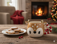 Mug à café en céramique personnalisé, cerf fauve mignon en dessin animé 3D, poignée rayée en forme de canne à sucre avec bois de cerf doré, cadeau de Noël