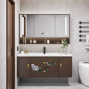 New Chinese style solid wood bathroom cabinet intelligent <b>mirror</b> cabinet with light defogging flower and bird embroidery - Product Image 6