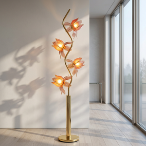 Pink Translucent Acrylic Lotus <b>Floor</b> <b>Lamp</b>, Curvy Gold Metal Frame Flower Light, Decorative Standing <b>Lamp</b> <b>for</b> Hotel Lobby - Product Image 5
