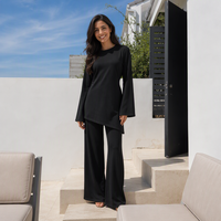 Ensemble coordonné Mexizo Moyen-Orient en pur coton, asymétrique, avec haut à manches longues et ourlet irrégulier à nouer au dos et pantalon, pour le quotidien