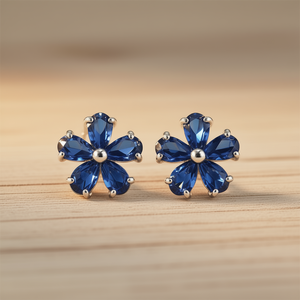Orecchini a Perno con Fiore in Gemma Blu, Placcati in Argento, Gioielli di Moda per Donna, Idea Regalo - Product Image 2