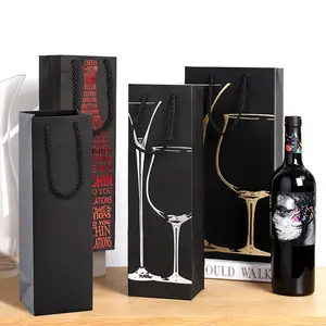 Custom Logo Luxe Zwarte Wijn Tote Kraftpapier Champagne Bier Wijn Papieren Zakken Met Handvat