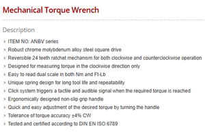 Clé dynamométrique mécanique TOPTUL ANBV1621 en acier allié au chrome-molybdène, entraînement carré, cliquet réversible à 24 dents, capacité de 210 Nm - Product Image 5