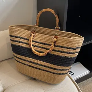 Bolsa de sacola de bambu com listras, sacola de ensaio personalizada para praia, primavera e verão, 2023