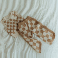 Ensemble deux pièces en tricot à carreaux pour enfants, pull à manches longues et pantalon, vêtements décontractés, vente en gros