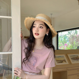 拉菲草手工编织毛边宽檐遮阳帽女式夏季时尚复古可折叠沙滩户外旅行 - Product Image 1