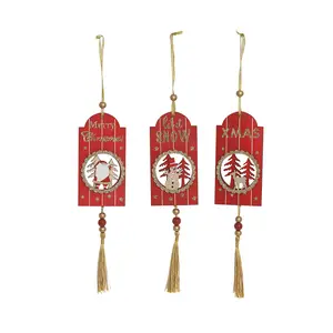 Houten Kerst Opknoping Ornament, 3 Kont., Rode Vlokken Met Gouden Glitters En Gouden Touw