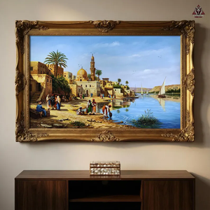 Pintura <span class=keywords><strong>al</strong></span> Óleo Orientalista Abstracta del Siglo XIX, Pueblo Egipcio en las Orillas del Nilo, Paisaje Árabe Islámico Pintado a Mano sobre Lienzo - Product Image 1