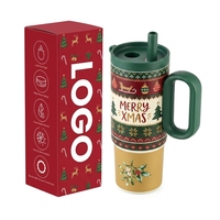 Gobelet isotherme de Noël 750 ml à motif rose avec poignée et paille, en acier inoxydable anti-fuite pour boissons chaudes et froides, tasse de voyage portable