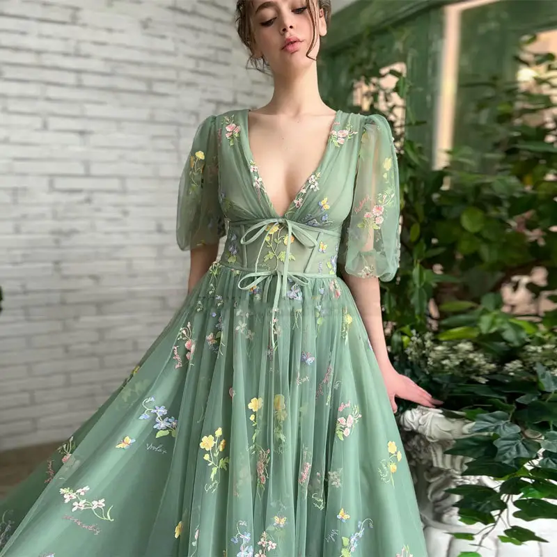 Elegent Sexy Backless Puff Sleeve Deep V Neck Floral Pleated Green Tulle Puffy Prom Gown Party Prom Dress