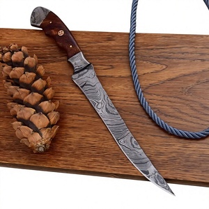 Cuchillo de caza de acero de Damasco hecho a mano de grado industrial con mango de madera, hoja de punta curva, punzón de brújula y 3 años de garantía - Product Image 1