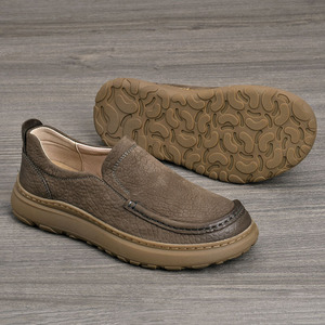 Mocassins en cuir véritable pour hommes, bout rond, à enfiler, semelle épaisse, respirants, chaussures décontractées de printemps - Product Image 1