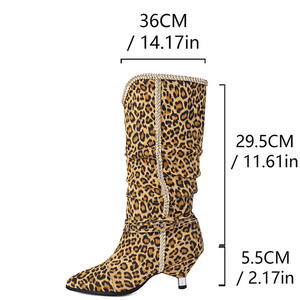 Big Size 46 Pleated Suede Ankle <b>Boots</b> Low Spike Heels Women Braid Shoes Pointy Toe Leopard Pattern Short Booties - Product Image 6