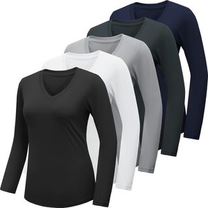 FOXA T-shirt de sport pour femme à manches longues et col en V, séchage rapide, évacuation de l'humidité, coupe ajustée, couleur unie - Product Image 1