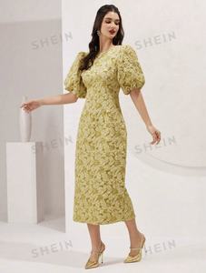 Tejido 100% poliéster dimensional elástico Jacquard <span class=keywords><strong>tela</strong></span> textil para hacer mujeres Puff manga cuello redondo vestido ropa - Product Image 4