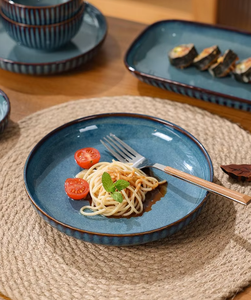 Service de vaisselle en céramique bleu nordique à glaçure réactive, vaisselle en porcelaine cannelée pour restaurant, hôtel, mariage, dîner à domicile - Product Image 6