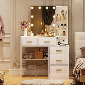 Table de maquillage personnalisée en usine pour chambre à coucher avec miroir, porte et éclairage LED - Product Image 2