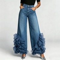 Nouveau Jean Large en Denim Coton à Volants en Organza et Fleurs 3D, Taille Haute, Style Streetwear, Bleu Sculptural, Collection Été 2026 – Vente en Gros
