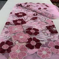 Tissu en dentelle française Janvier avec motifs floraux, broderie 3D de fleurs en ruban, perles et paillettes