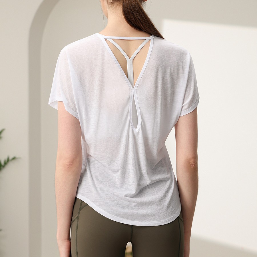 Womens Tops Short Sleeve Open Back Y Back Strap Loose Lightweight Sheer Gym Clothes Activewear Yoga Fitness Workout Casual Run