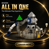 Aire de jeux extérieure commerciale à 3 niveaux sur le thème de la station spatiale avec toboggan, filet d'escalade et toboggan spiralé |   LLDPE Acier Galvanisé EN1176 TUV CE