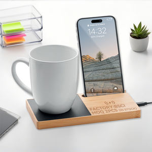 Support Chauffant à Café <span class=keywords><strong>2</strong></span> en 1 en Bambou avec Chargeur Sans Fil USB et Chauffe-Tasse Électrique et Support de Téléphone Portable avec Vidéo - Product Image 1