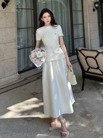 Robe longue élégante pour femme, style français haut de gamme, en cristal, à manches courtes, coupe ajustée, blanche, nouvelle mode
