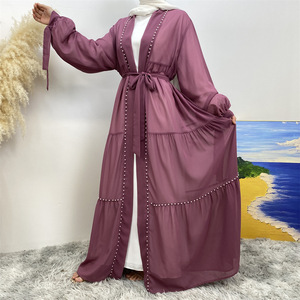 Abito estivo 2025 Dubai Jalabiya modesto abito con perline da donna a manica lunga strass aperto Abaya <span class=keywords><strong>hijab</strong></span> abiti firmati - Product Image 5