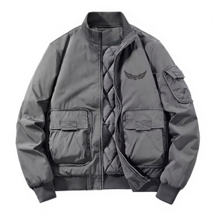 <b>Men's</b> Gray <b>Jacket</b> With Embroidered Wings Logo Zipper Stand Collar Casual Windproof Thick Polyester Wadding Autumn Wear - Product Image 1