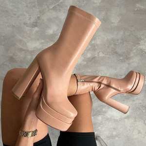 Bottes pour femme à talon compensé, avec fermeture éclair latérale, semelle épaisse, plateforme de luxe, couleur unie - Product Image 1