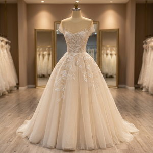 Vestido de Novia de Alta Costura Hecho a Mano con Diseño Elegante y Lujoso, Encaje Floral con Pedrería, Estilo Vintage, Princesa TNBPno25 - Product Image 3