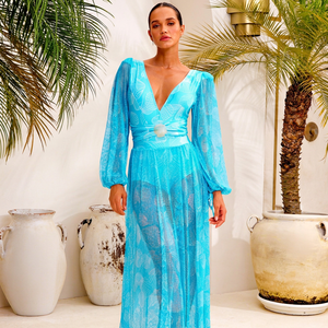 <b>Women</b> Seashell Print 2 Piece <b>Swimsuit</b> Set Deep V Mesh Puff Long Sleeve One Piece Monokini <b>With</b> Mesh Maxi Cover Up <b>Skirt</b> OEM ODM - Product Image 3
