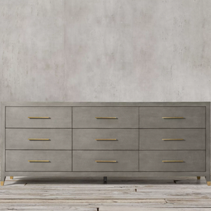 Commode à 9 tiroirs en bois massif et cuir shagreen, style moderne, design français, pour salon, chambre ou entrée - DH1320 - Product Image 5