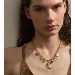 JINYOU 1342 exquisita joyería de moda de acero inoxidable esmalte Luna estrella perla simulada accesorios colgante collar - Product Image 4