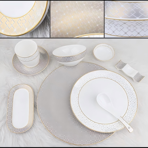 Modern Luxury Bone China Dinnerware Set with Hand Gold Rim Geometric Pattern Plates Bowls Serving <b>Trays</b> Reusable Microwave Safe - Product Image 6